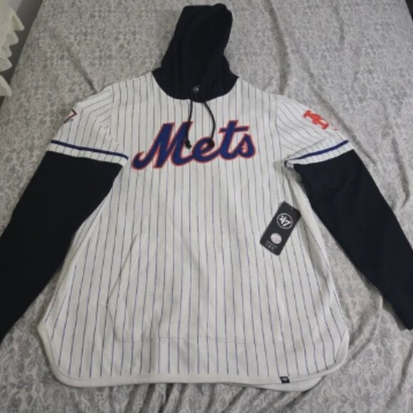 Men's New York Mets '47 White Pinstripe Double Header Collection Pullover Hoodie - Picture 1 of 8